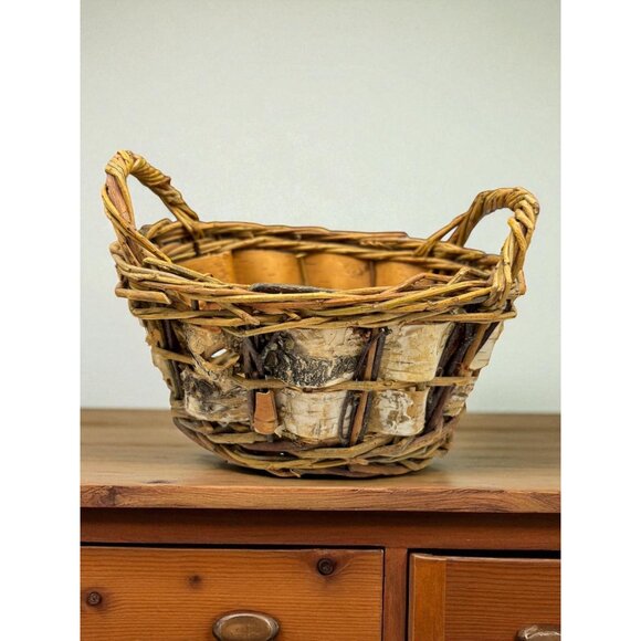 Vintage Birch Bark Double Handle Woven Basket 8"x6" - Picture 4 of 6
